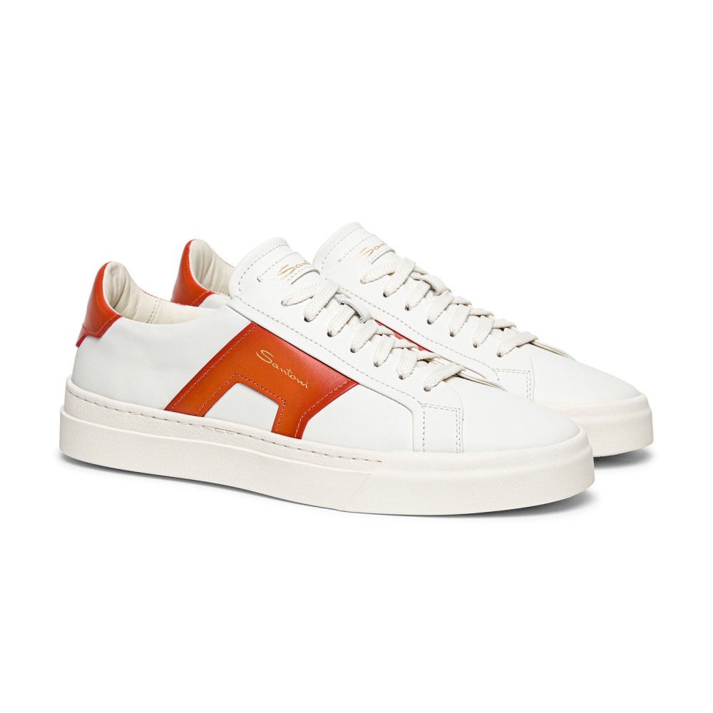 Double buckle sneaker da uomo in pelle bianca e arancione - Arancione