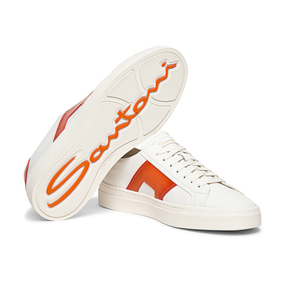 Double buckle sneaker da uomo in pelle bianca e arancione - Arancione