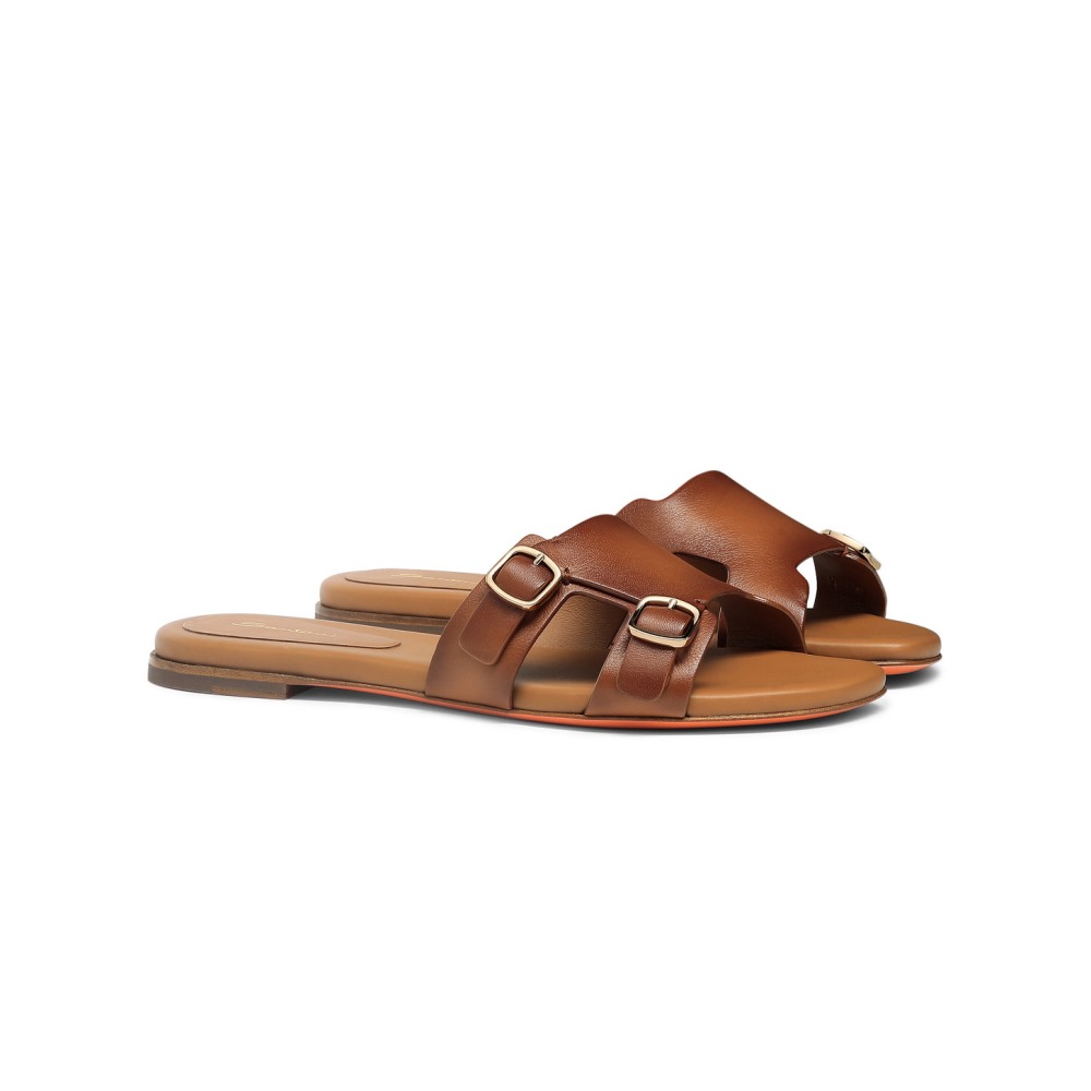Sandalo slide Didi con doppia fibbia da donna in pelle marrone - Marrone chiaro