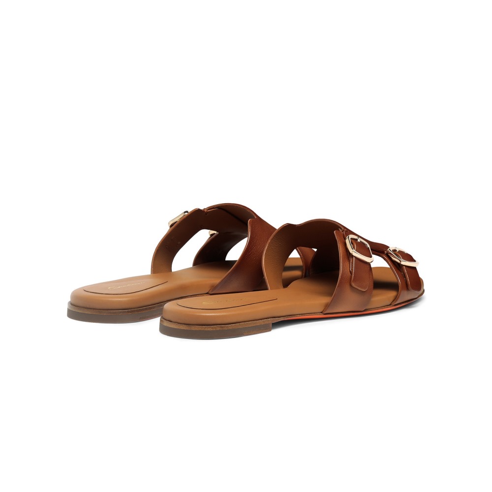 Sandalo slide Didi con doppia fibbia da donna in pelle marrone - Marrone chiaro