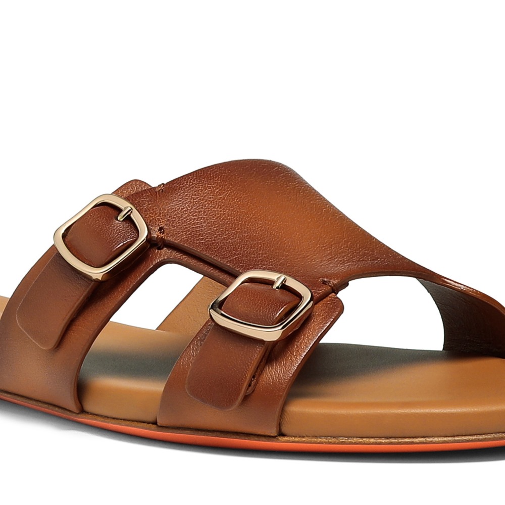 Sandalo slide Didi con doppia fibbia da donna in pelle marrone - Marrone chiaro