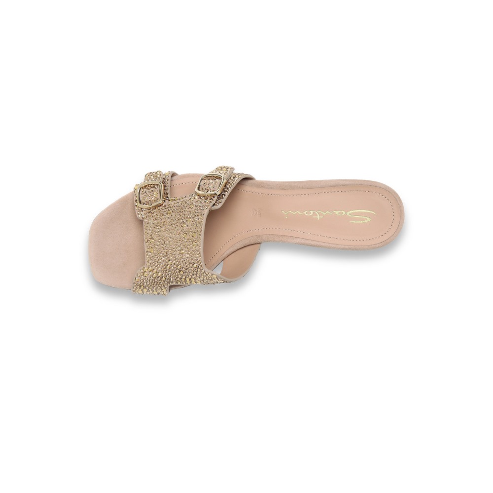 Sandalo Didi tacco basso da donna in suede e strass oro - Oro