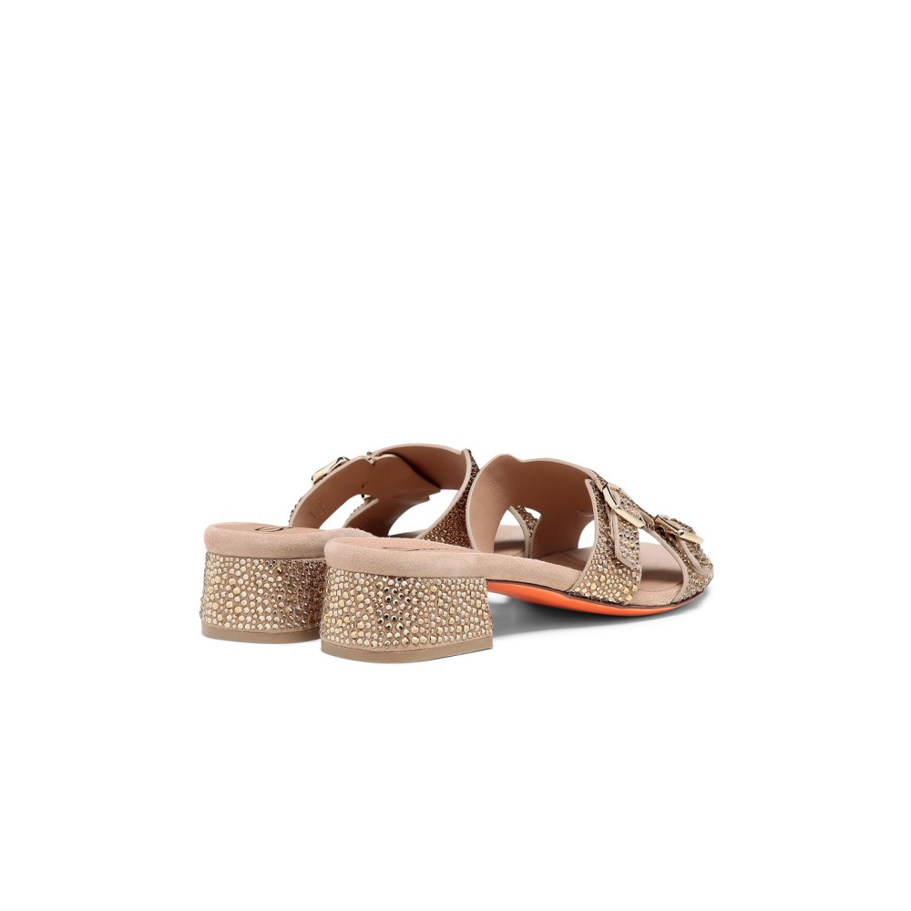Sandalo Didi tacco basso da donna in suede e strass oro - Oro