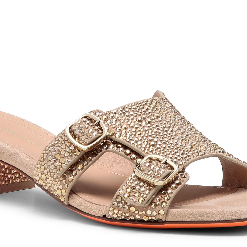 Sandalo Didi tacco basso da donna in suede e strass oro - Oro