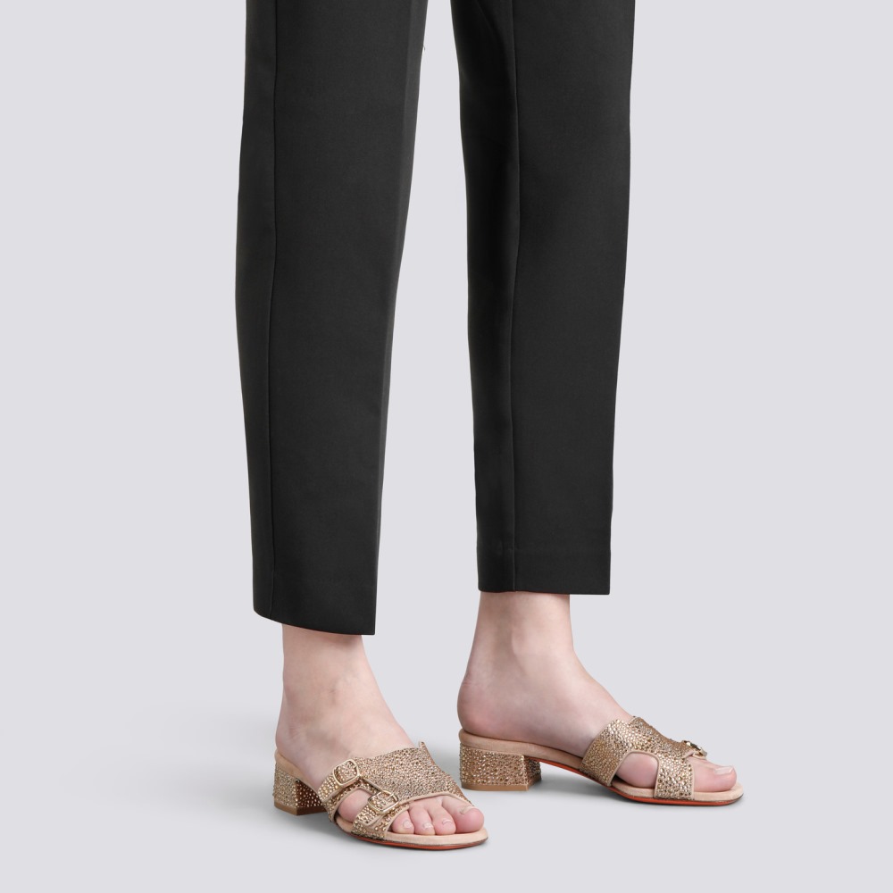 Sandalo Didi tacco basso da donna in suede e strass oro - Oro