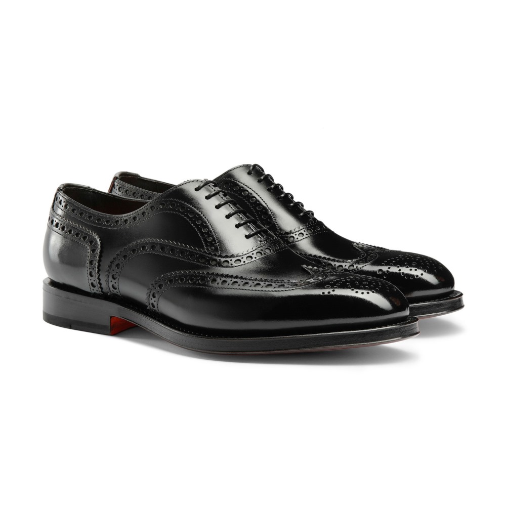 Stringata oxford brogue da uomo in pelle anticata nera - Nero