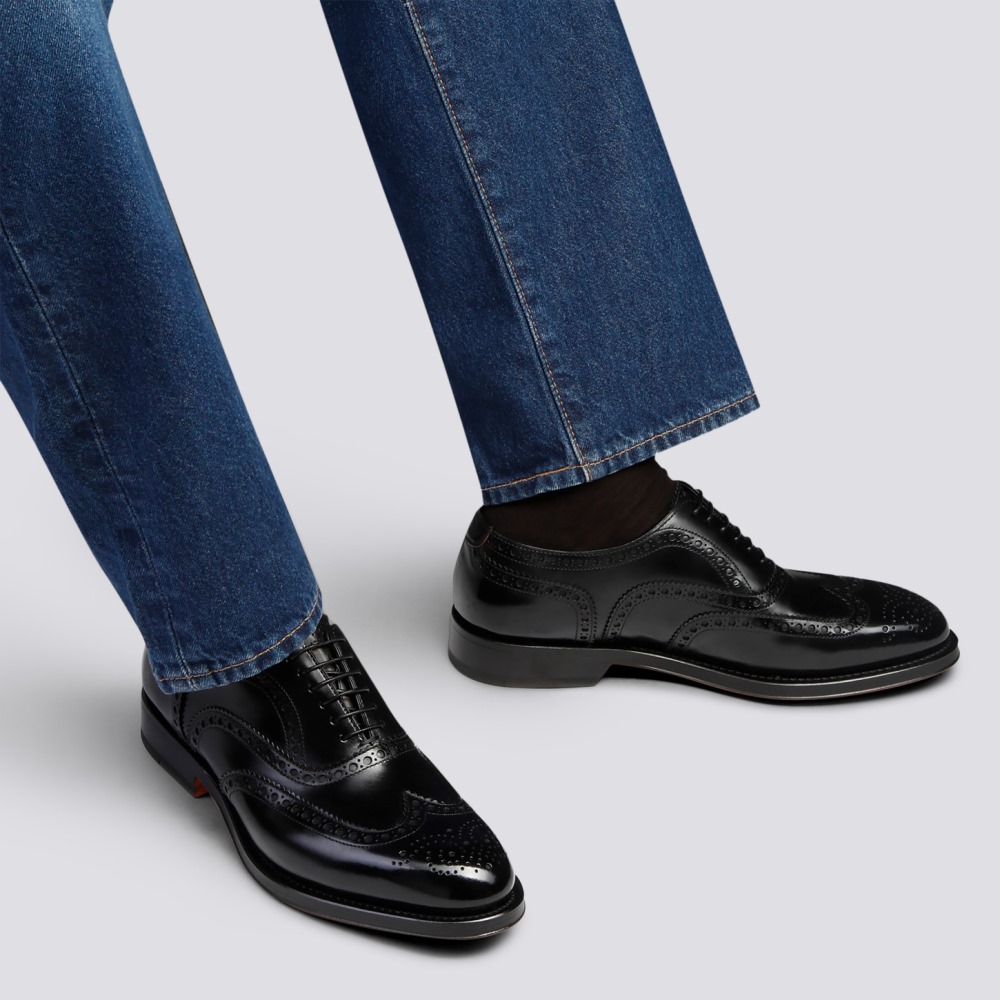 Stringata oxford brogue da uomo in pelle anticata nera - Nero