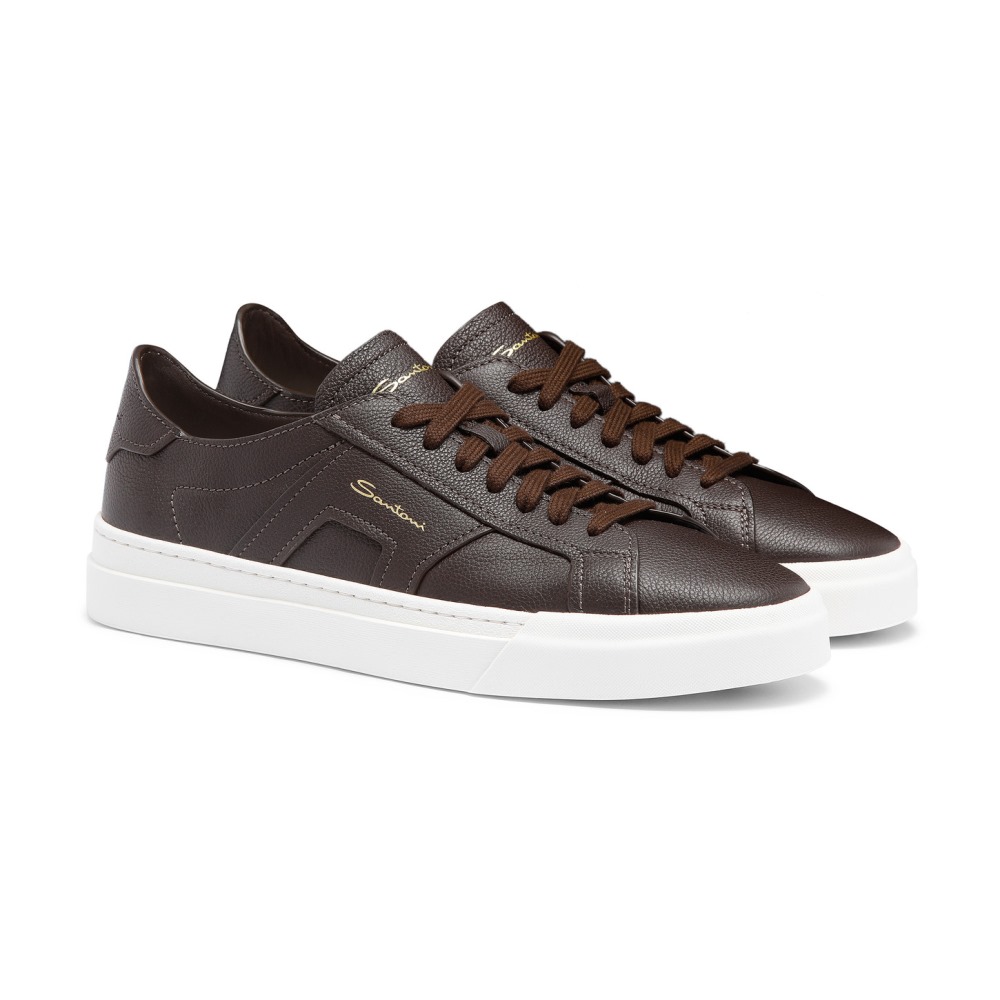 Double Buckle Sneaker da uomo in pelle bottalata testa di moro - Testa di moro