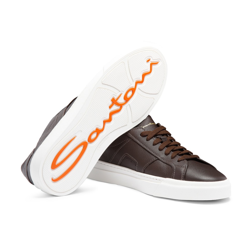 Double Buckle Sneaker da uomo in pelle bottalata testa di moro - Testa di moro
