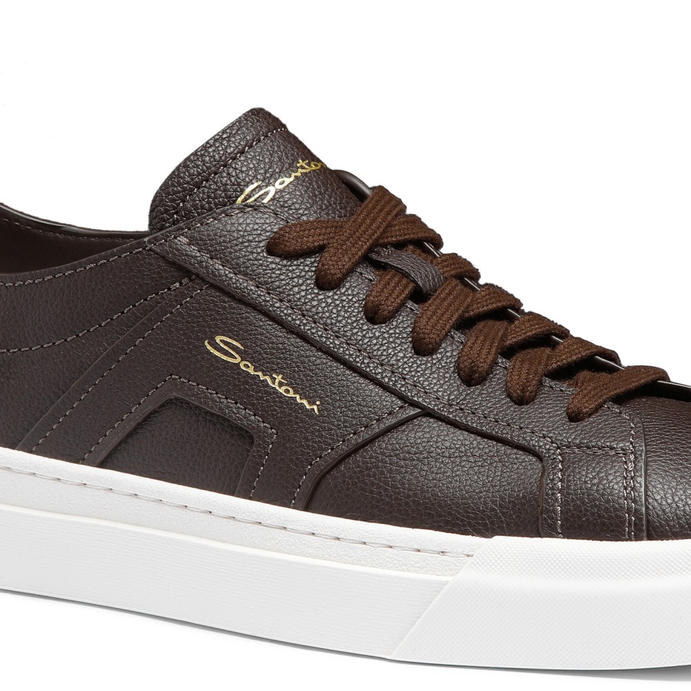 Double Buckle Sneaker da uomo in pelle bottalata testa di moro - Testa di moro