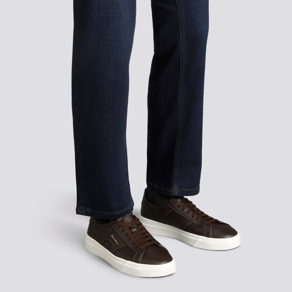 Double Buckle Sneaker da uomo in pelle bottalata testa di moro - Testa di moro
