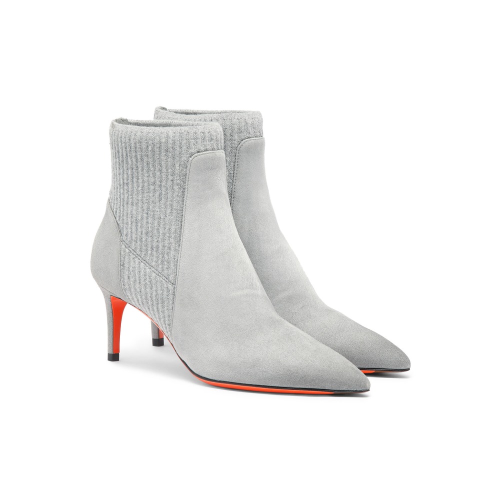 Stivaletto tacco basso con calzino da donna in suede grigio - Grigio