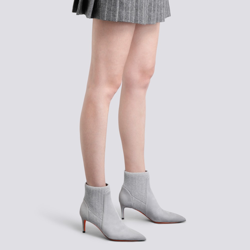 Stivaletto tacco basso con calzino da donna in suede grigio - Grigio