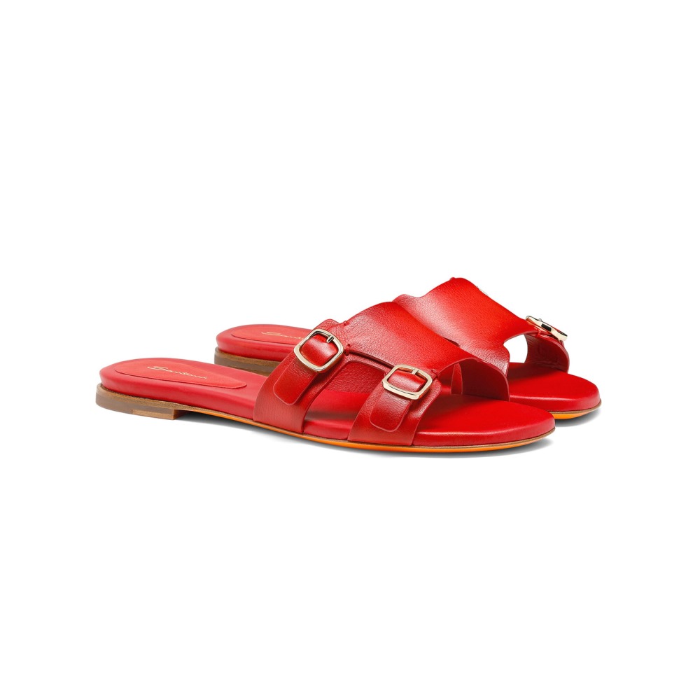 Sandalo slide Didi con doppia fibbia da donna in pelle rossa - Rosso