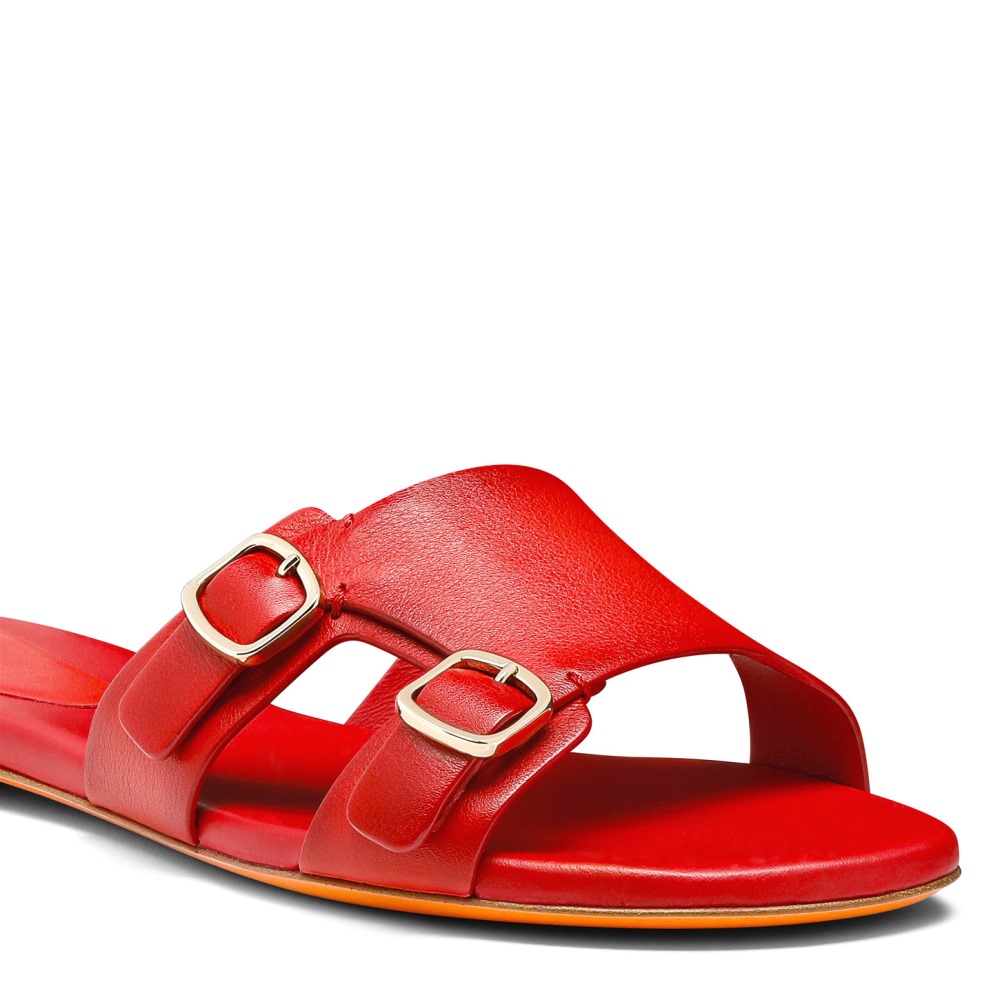 Sandalo slide Didi con doppia fibbia da donna in pelle rossa - Rosso