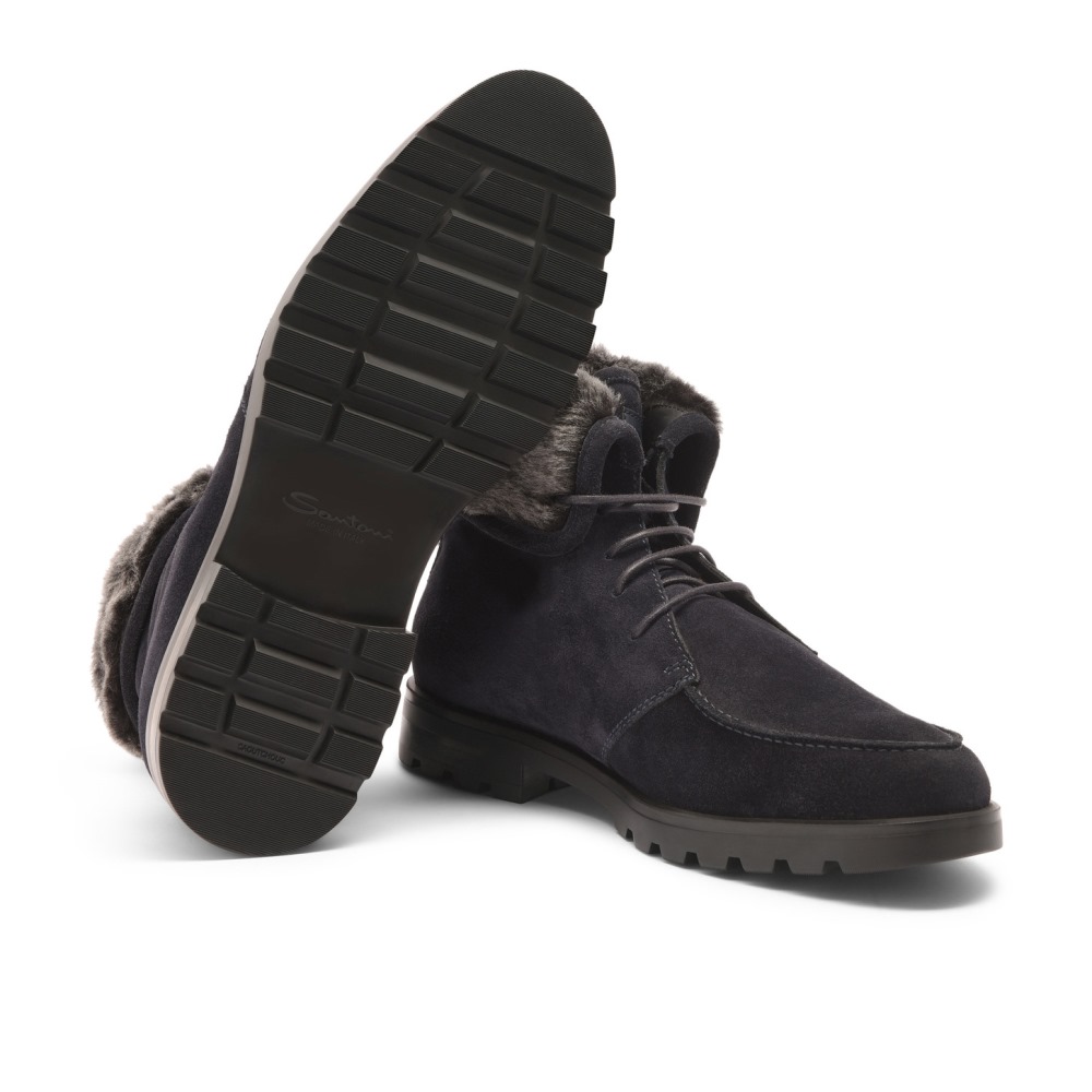 Stivaletto stringato con pelliccia da uomo in suede blu - Blu