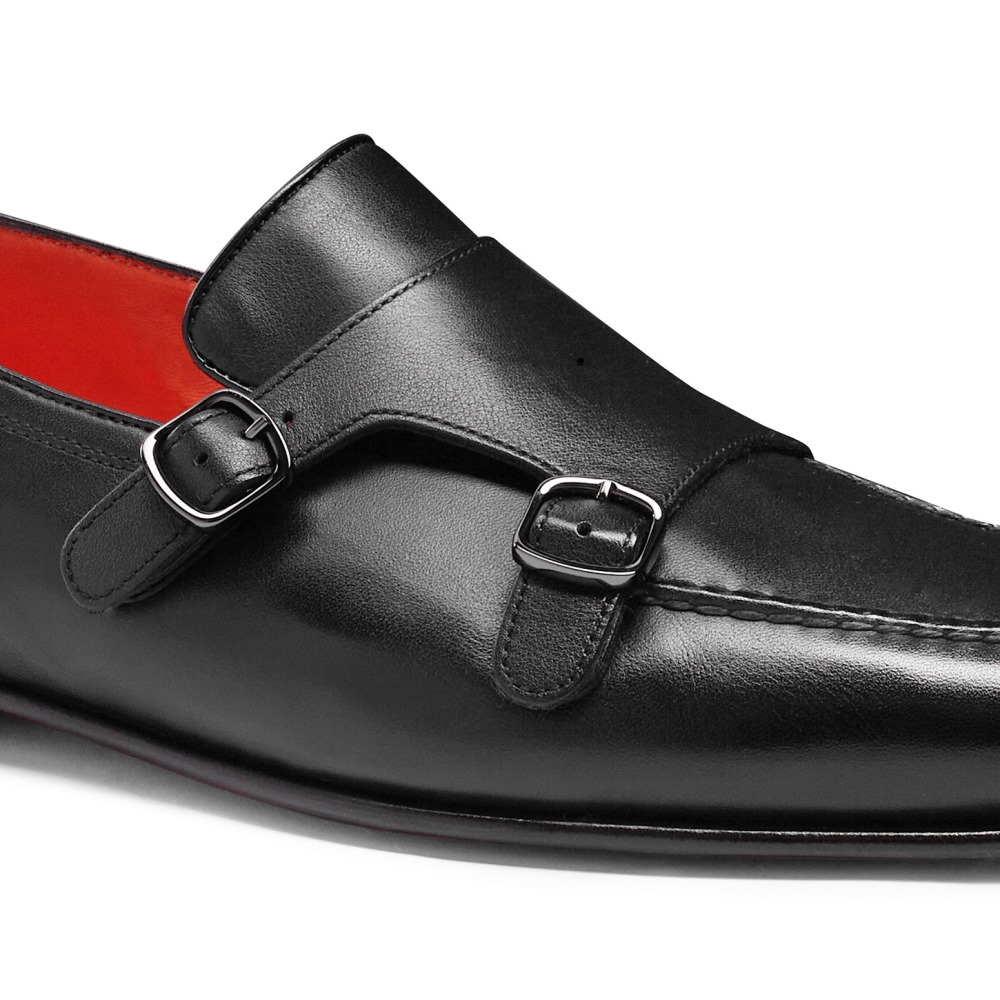 Mocassino con doppia fibbia da uomo in pelle anticata nera - Nero