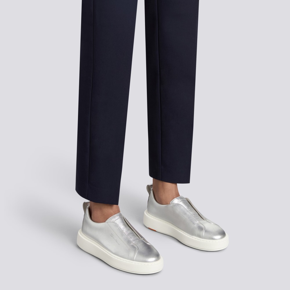 Sneaker slip-on da donna in pelle laminata argento - Argento