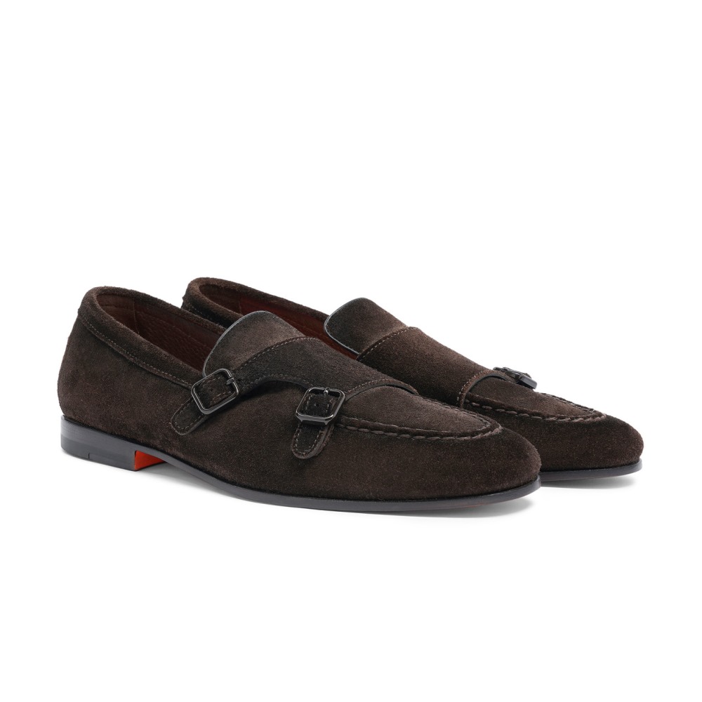 Mocassino doppia fibbia da uomo in suede testa di moro - Testa di moro