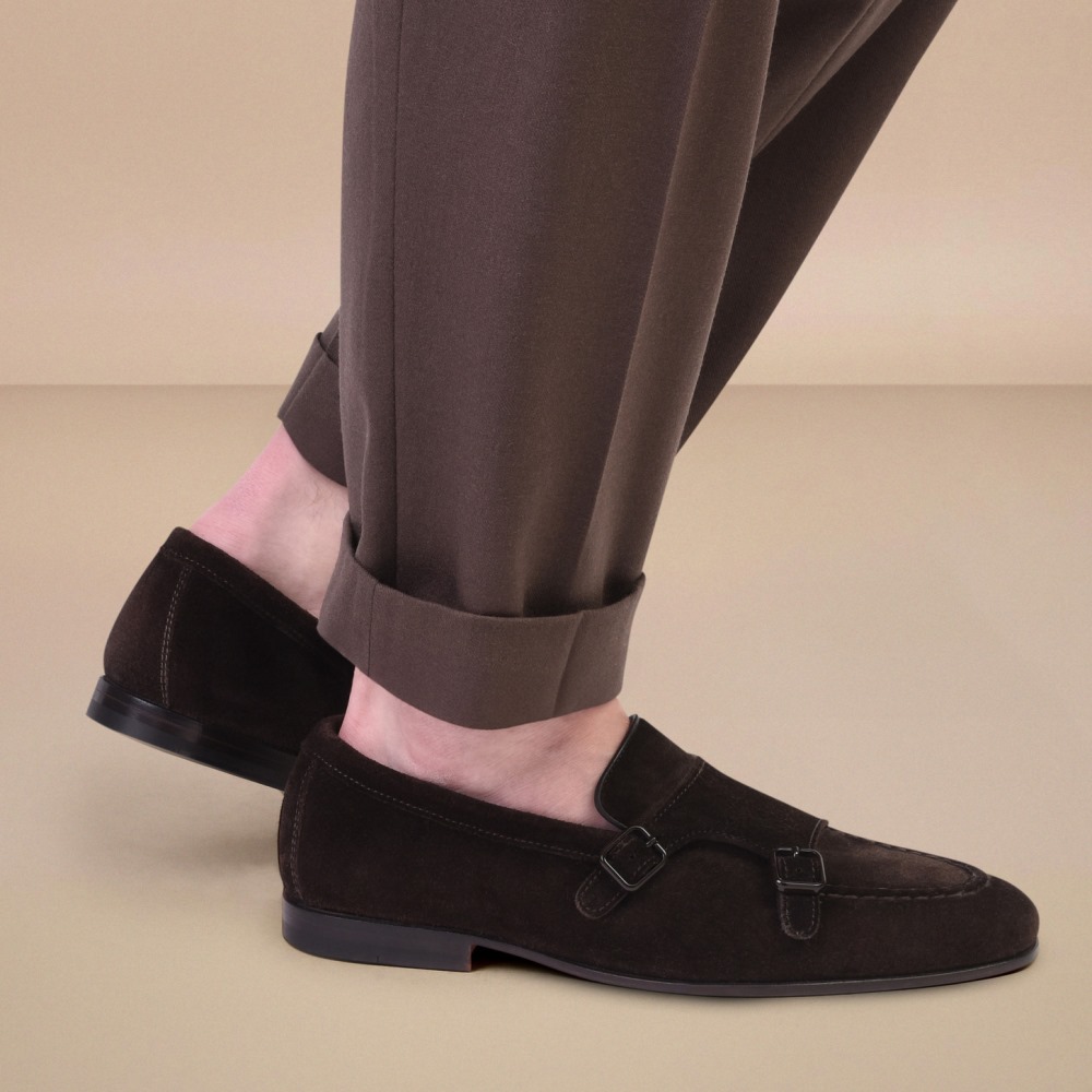 Mocassino doppia fibbia da uomo in suede testa di moro - Testa di moro