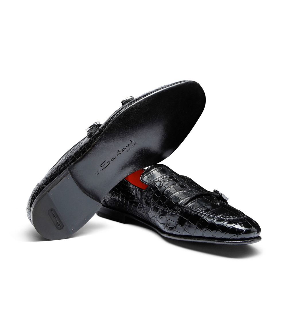 Mocassino con doppia fibbia da uomo in alligatore nero - Nero